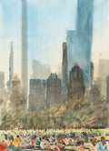Watercolor painting of NYC skyline with people from Central Park